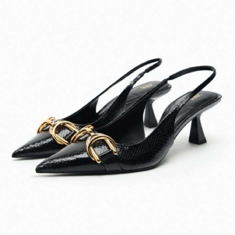 NWT. Zara Black Animal Print High Embossed Heel Mules. Size 9 - Picture 2 of 11
